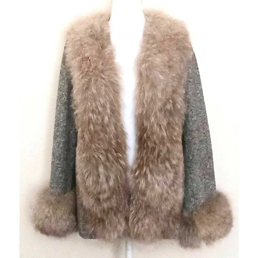 VTG 60s Jacket Brown Fox Fur Collar & Cuffs Salt Pepper Nubby Tweed S/M